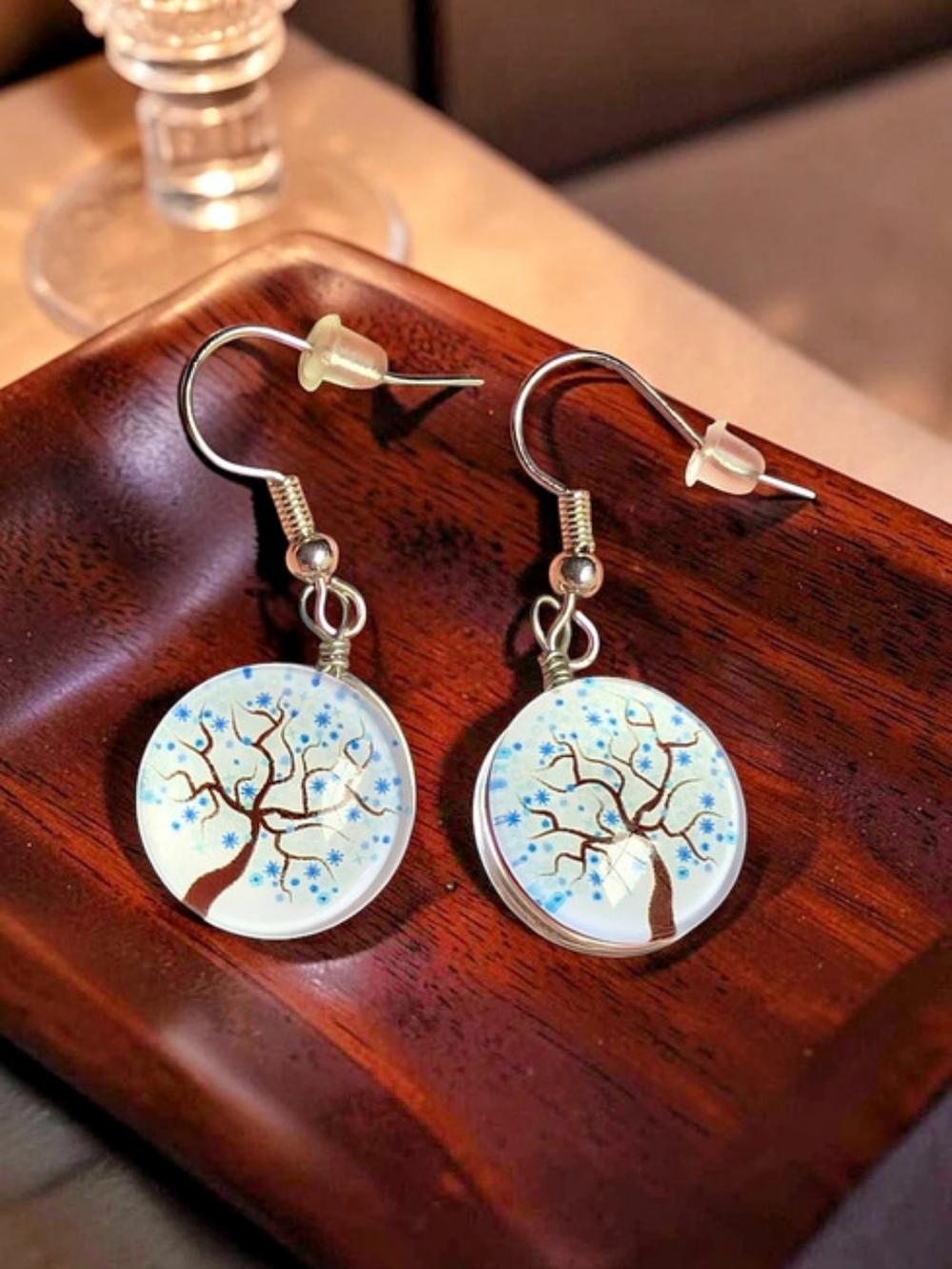 Fashion Jewelry Blue Tree of Life Acrylic Cabochon Drop Earrings (New)